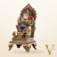 Finely Carved Ganapati Statue on Throne - 17 inch with stonework