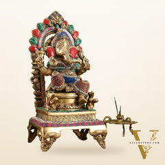Finely Carved Ganapati Statue on Throne - 17 inch with stonework
