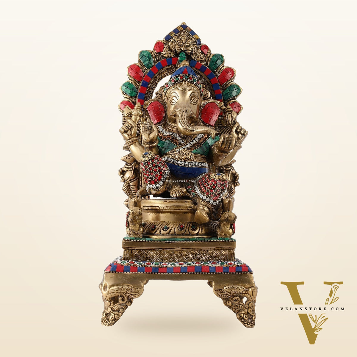 Finely Carved Ganapati Statue on Throne - 17 inch with stonework