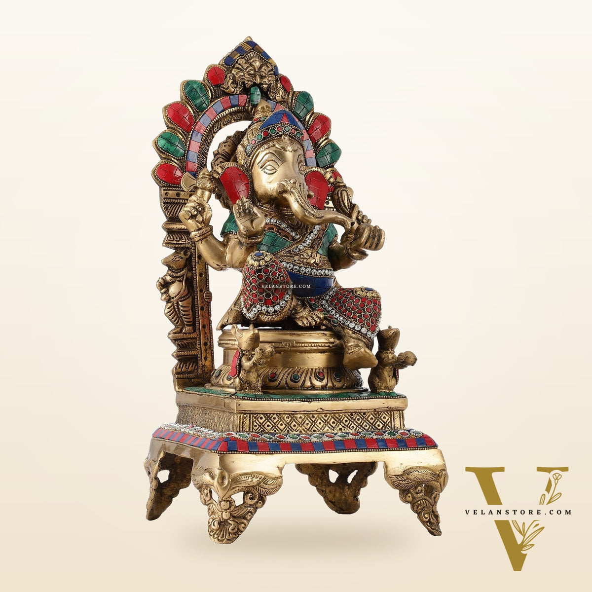 Finely Carved Ganapati Statue on Throne - 17 inch with stonework