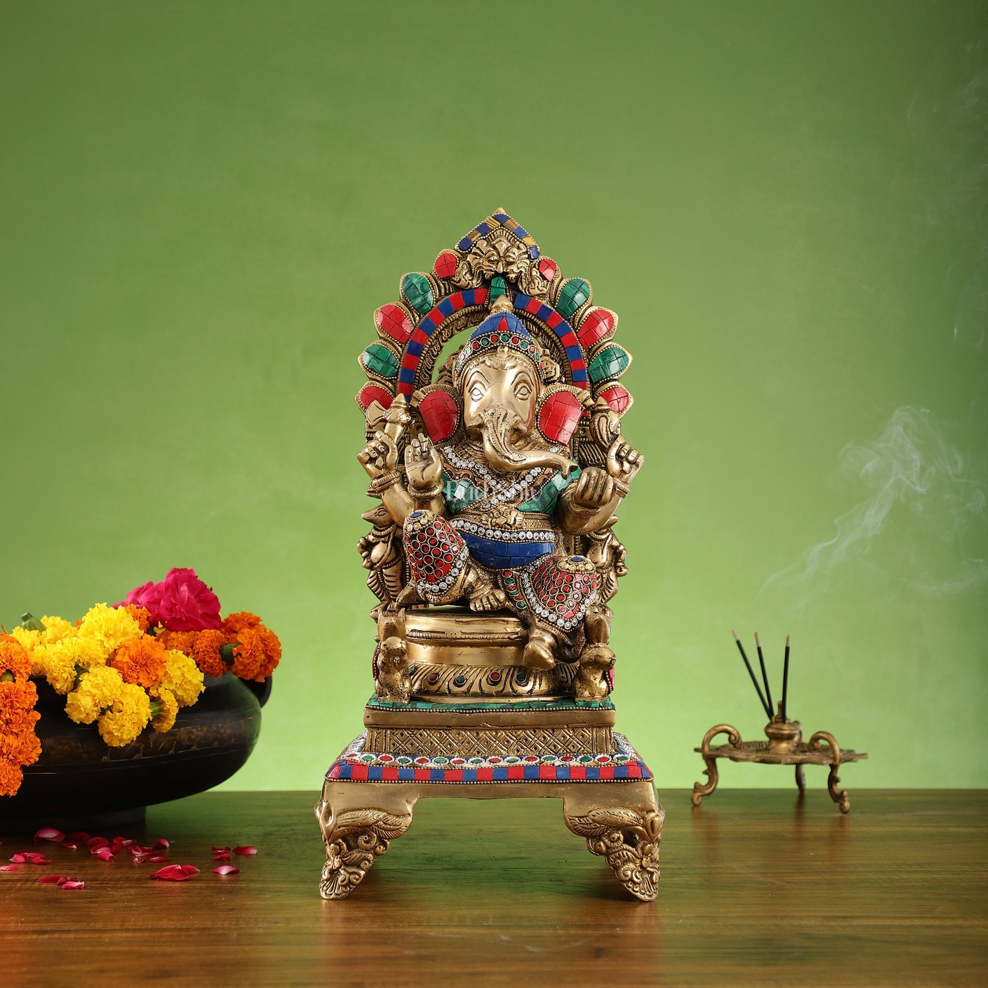 Finely Carved Ganapati Statue on Throne - 17 inch with stonework