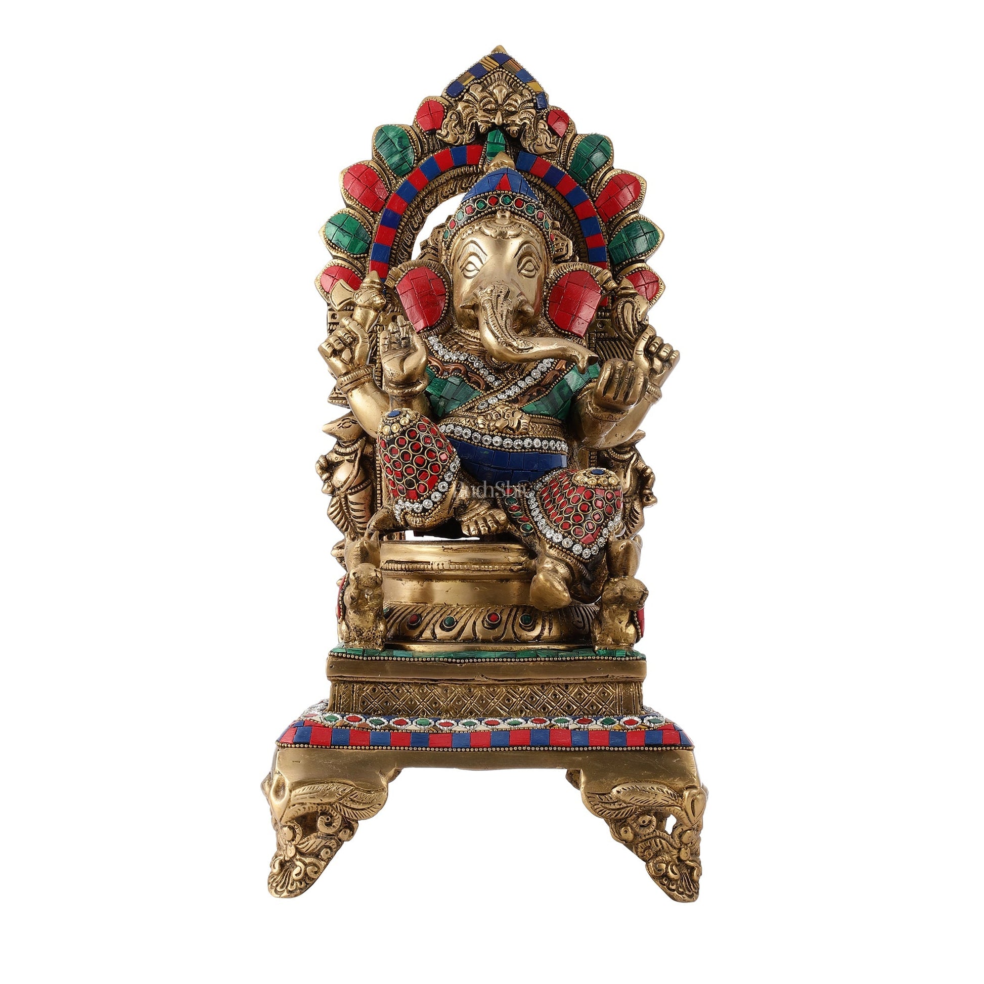 Finely Carved Ganapati Statue on Throne - 17 inch with stonework