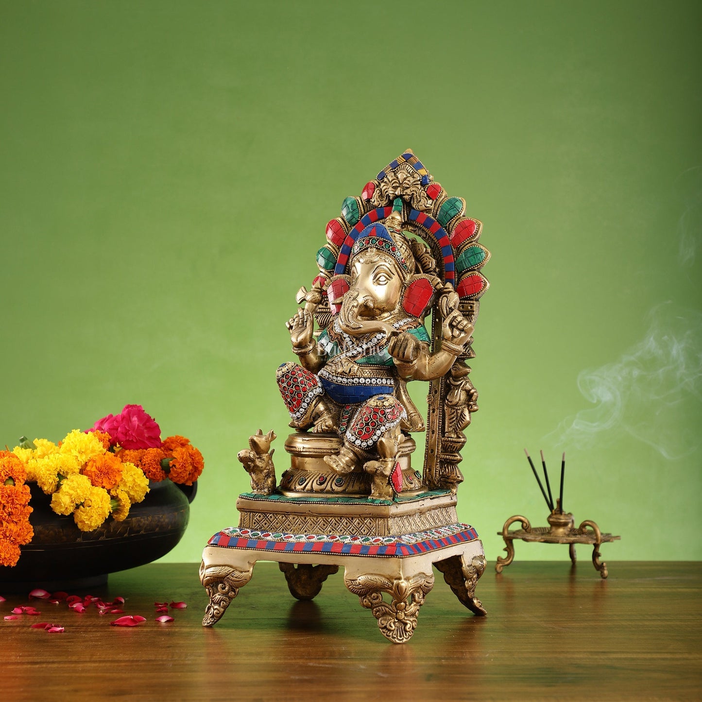 Finely Carved Ganapati Statue on Throne - 17 inch with stonework