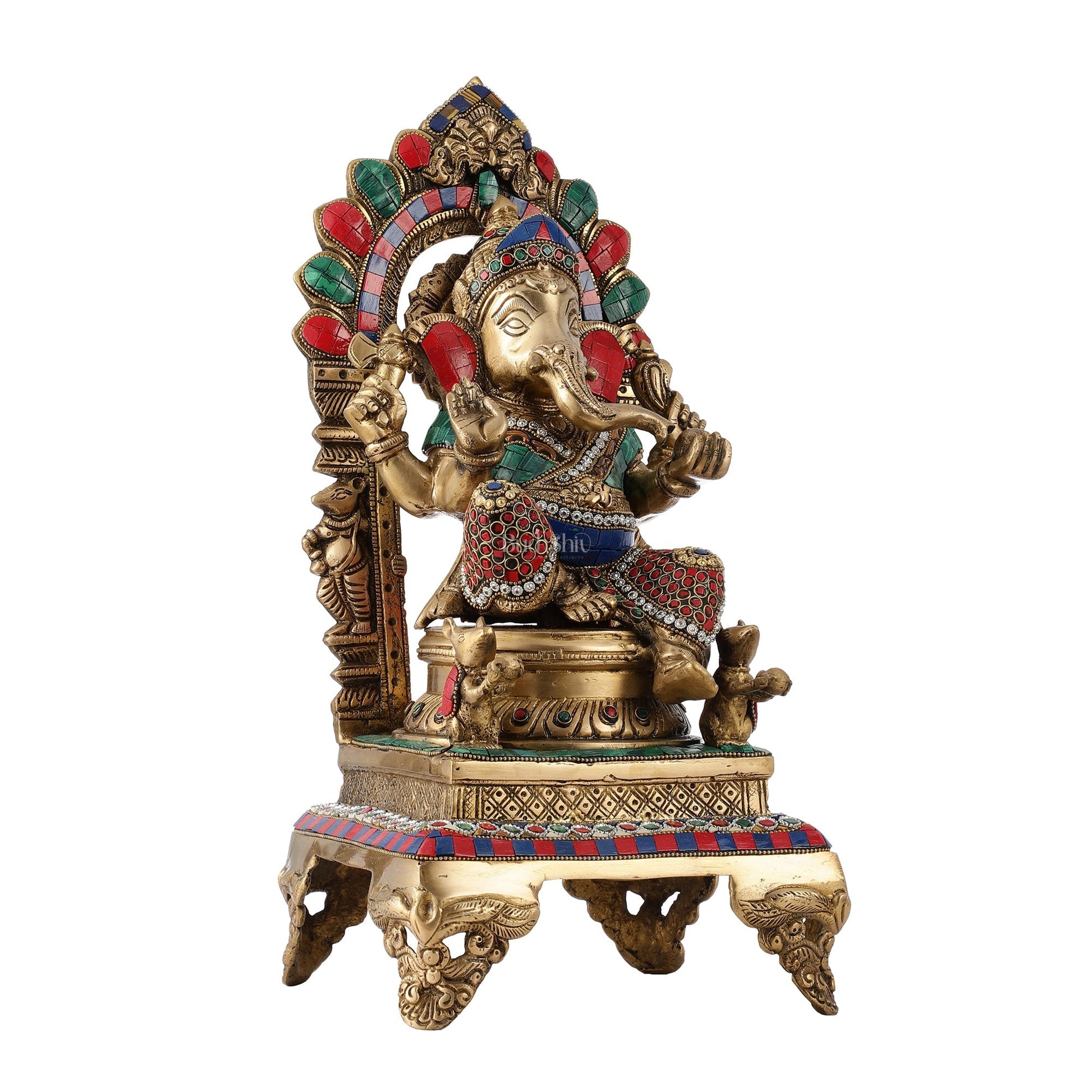 Finely Carved Ganapati Statue on Throne - 17 inch with stonework