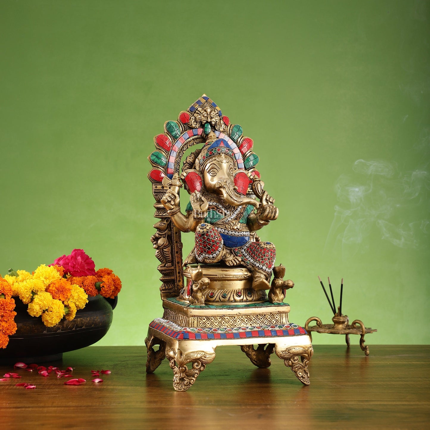 Finely Carved Ganapati Statue on Throne - 17 inch with stonework