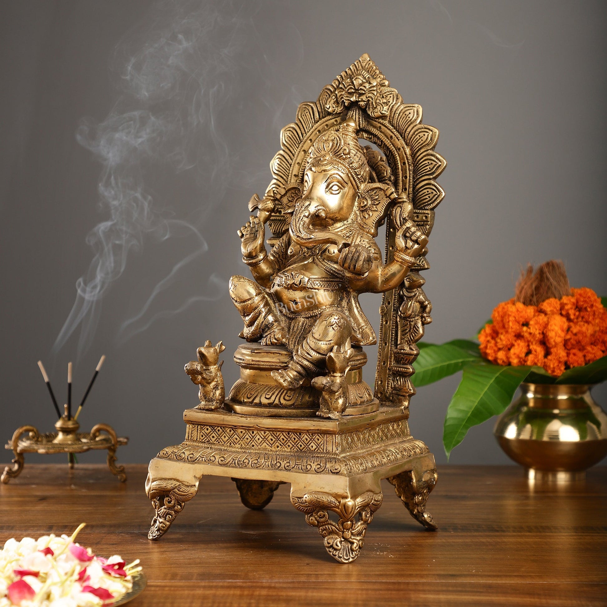 Brass Ganesha Statue on Throne - 17 inch