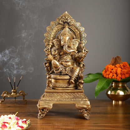 Brass Ganesha Statue on Throne - 17 inch