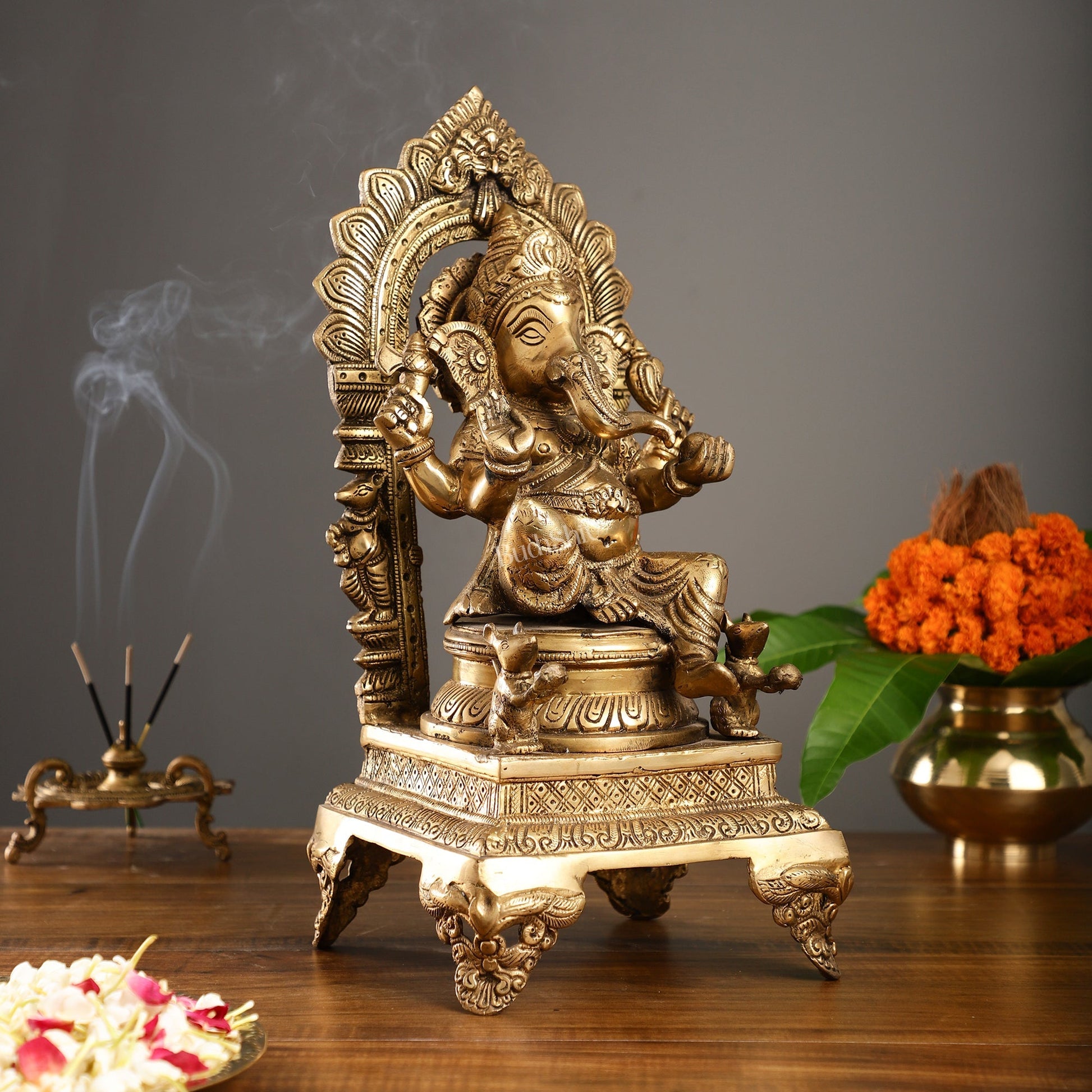 Brass Ganesha Statue on Throne - 17 inch