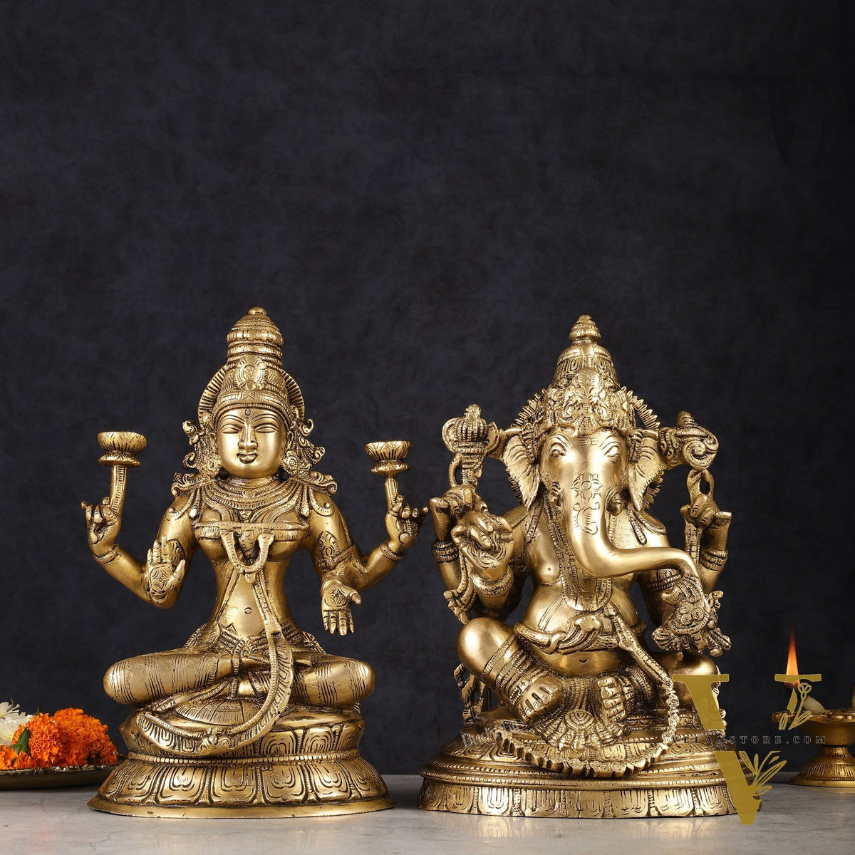 Finely Crafted Pure Brass Ganesh Lakshmi Idol Set 10"