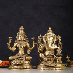 Finely Crafted Pure Brass Ganesh Lakshmi Idol Set 10"