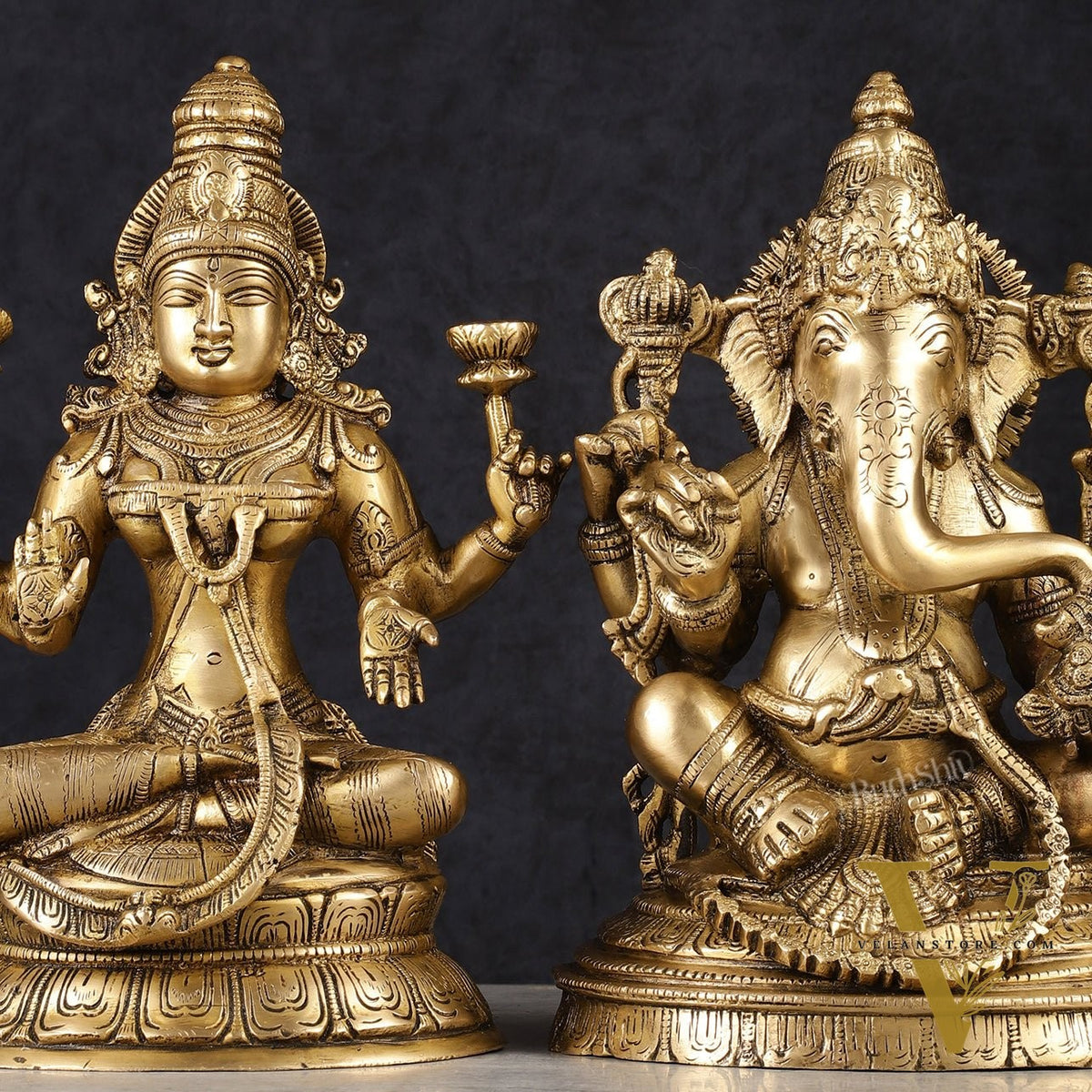 Finely Crafted Pure Brass Ganesh Lakshmi Idol Set 10"