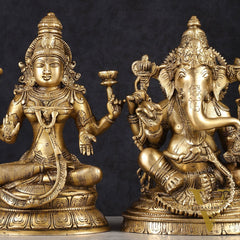 Finely Crafted Pure Brass Ganesh Lakshmi Idol Set 10"