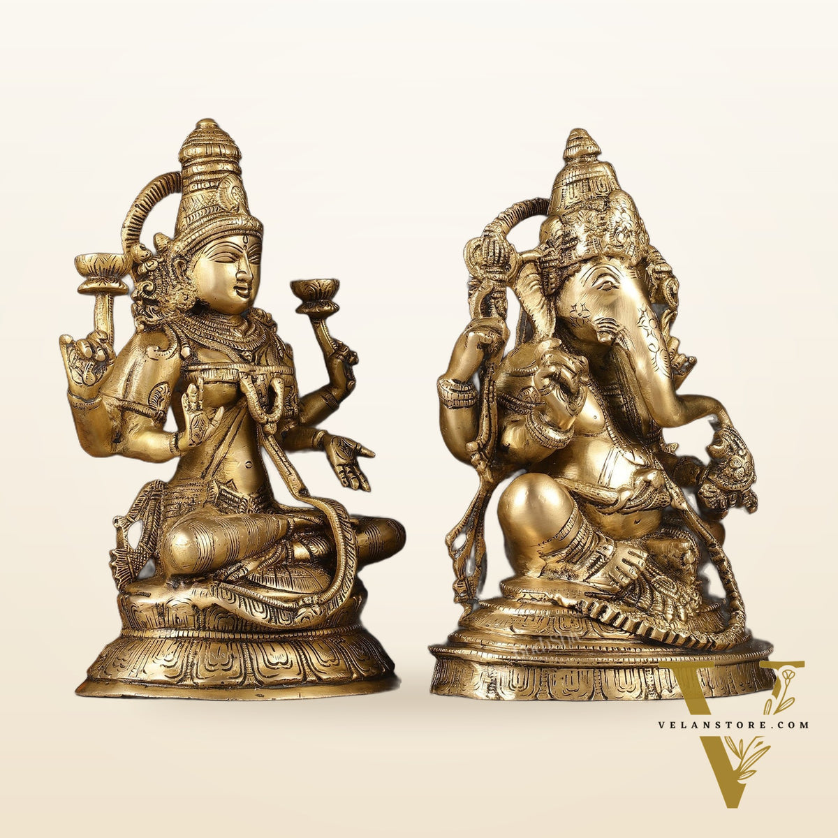 Finely Crafted Pure Brass Ganesh Lakshmi Idol Set 10"
