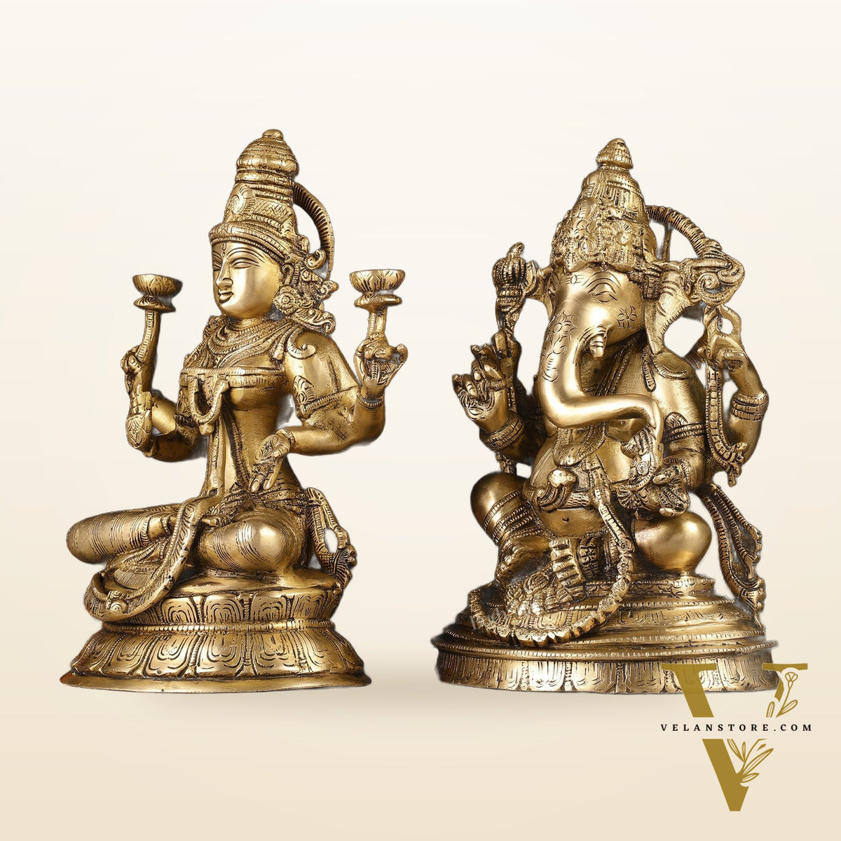Finely Crafted Pure Brass Ganesh Lakshmi Idol Set 10"