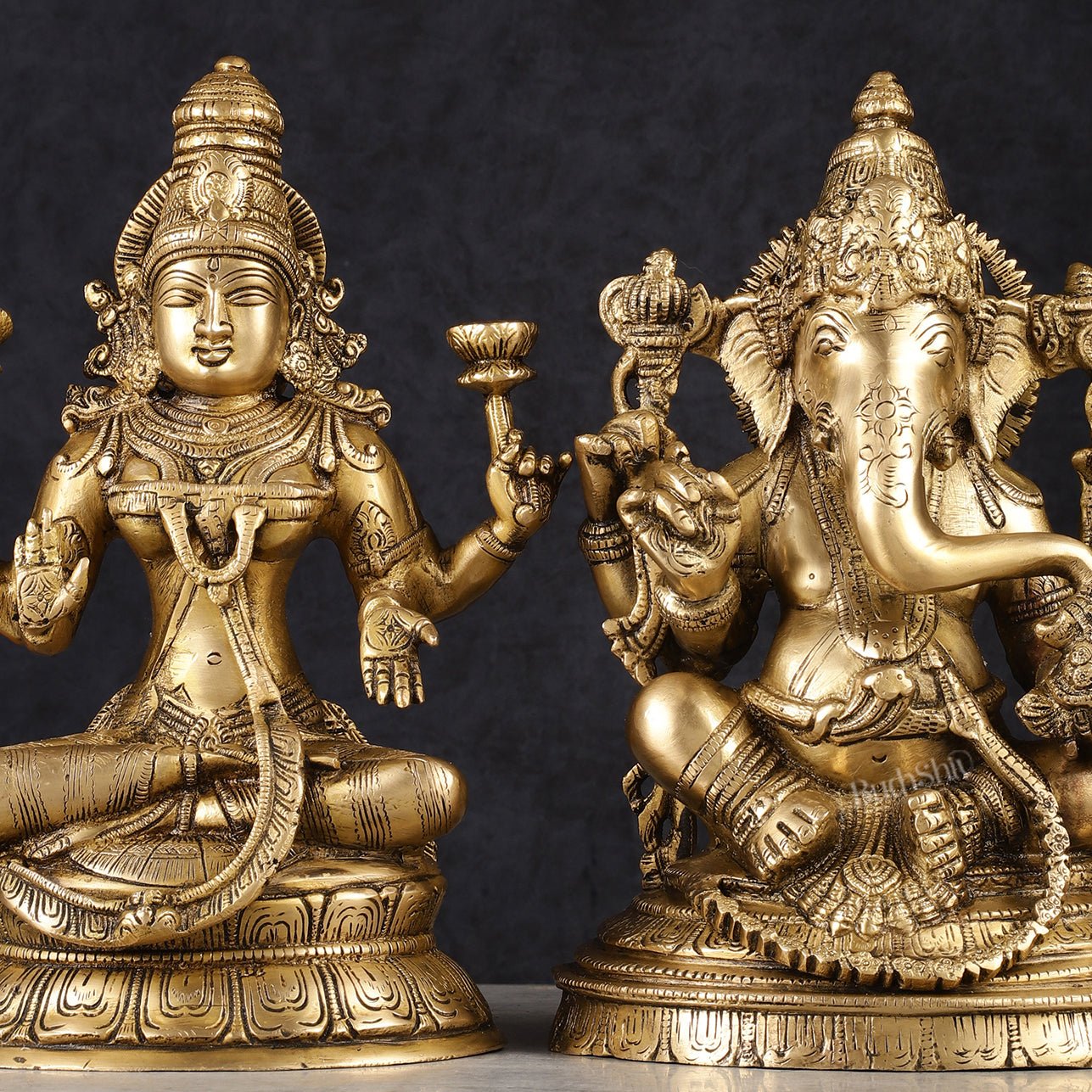 Finely Crafted Pure Brass Ganesh Lakshmi Idol Set 10"