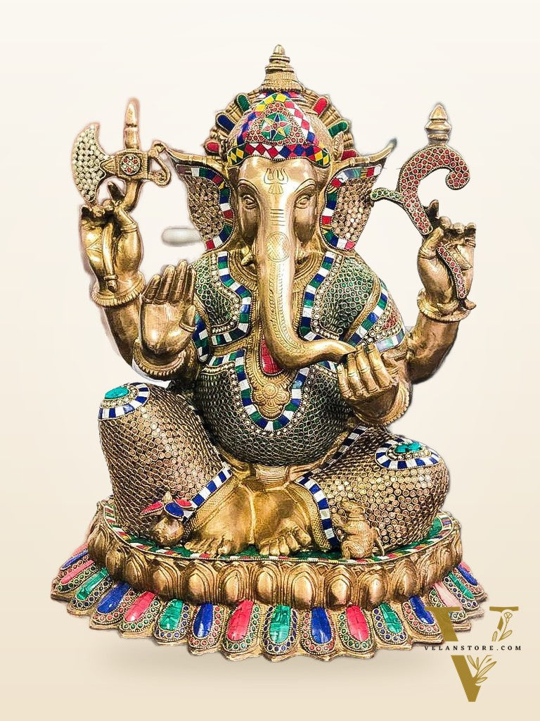 Finely Handcrafted Lord Ganesha Statue on Engraved Base with Natural Stones – 22 Inch