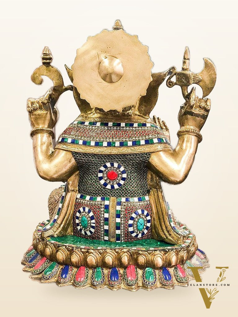 Finely Handcrafted Lord Ganesha Statue on Engraved Base with Natural Stones – 22 Inch