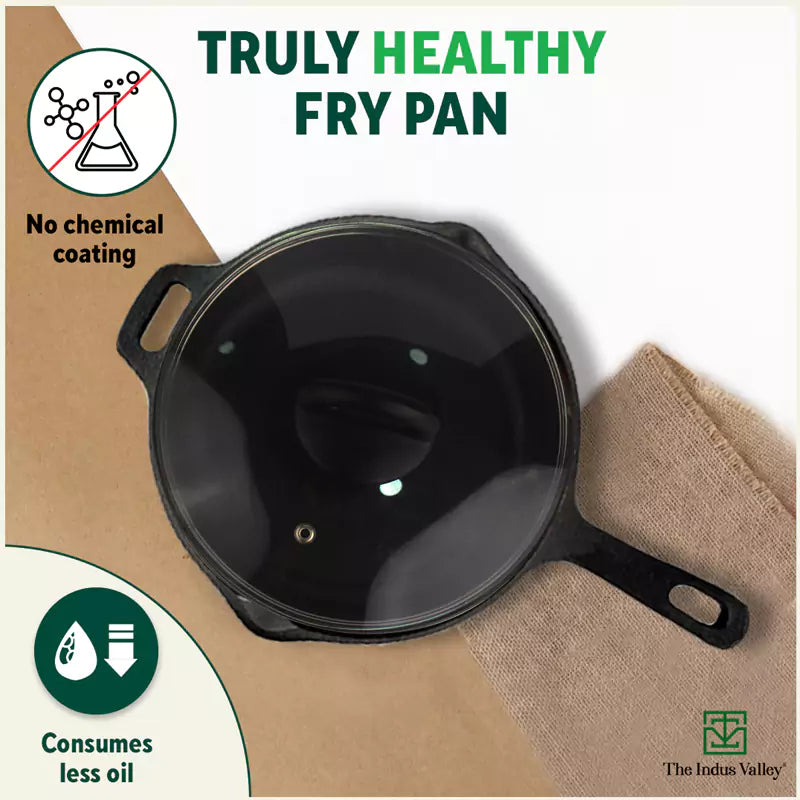 CASTrong Cast Iron Fry Pan/Skillet, Glass Lid, Pre-seasoned, Natural Nonstick, 100% Pure, Induction, 20.3cm, 1.3L, 2.3kg