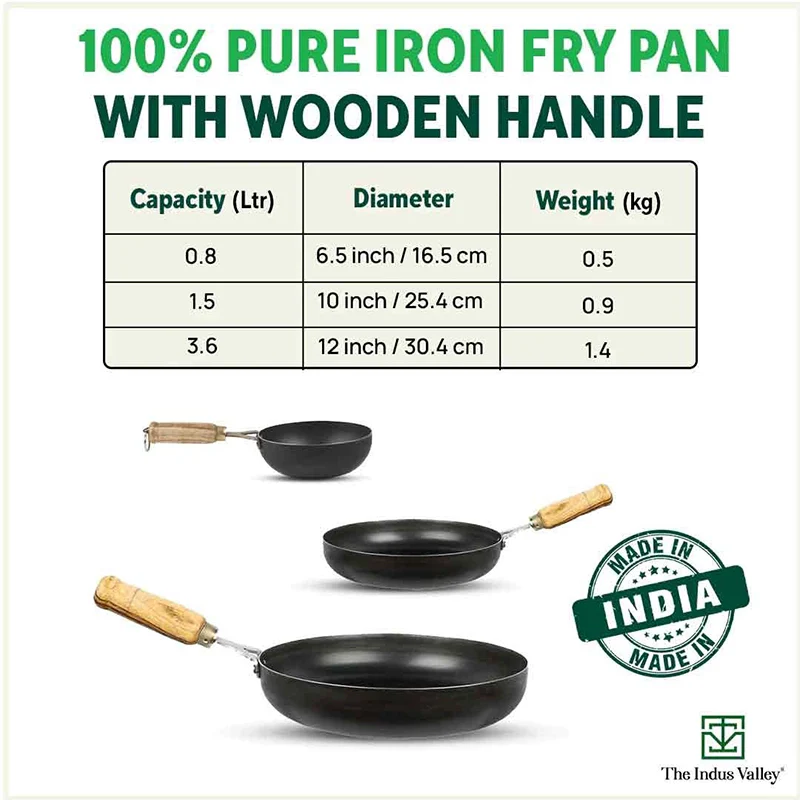 100% Pure Sheet Iron Fry Pan with Wooden Handle, Seasoned, Toxin-free, Induction, 16.5/25.4/30.4 cm