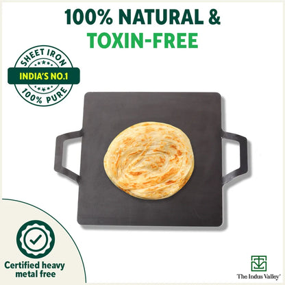 100% Pure Iron Square Tawa with Double Handles, Toxin-free Sheet Iron, Pre-Seasoned, Induction & Gas, 30.5cm