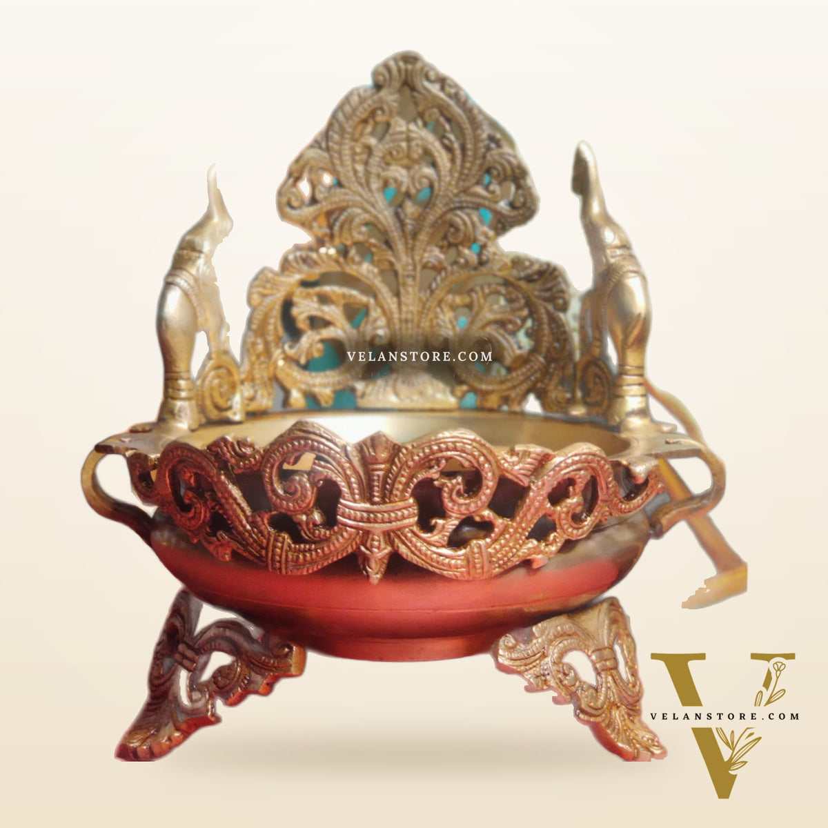 Floral design Brass Urli with dancing elephants