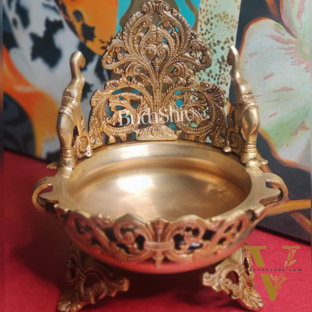 Floral design Brass Urli with dancing elephants