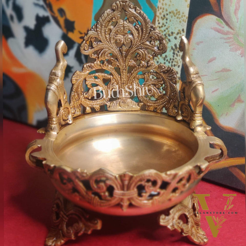 Floral design Brass Urli with dancing elephants