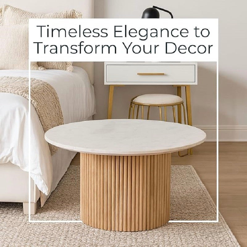 Round White Marble Coffee Table with Fluted Oak Wood Base – Modern Living Room Accent Furniture