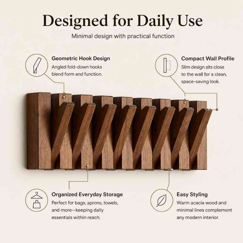 Acacia Wood Foldable Wall Hook Rack – Flip-Down Coat, Suit & Key Hanger (Space-Saving)