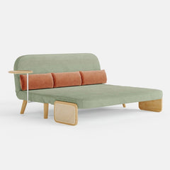 Mid-Century Green Modern Rattan Daybed Full Sofa Cum Bed, 3-Seater Folding & Adjustable Sleeper Longue Chair with Side Tray