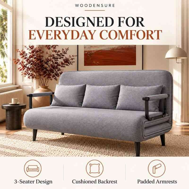 3 Seater Folding Sofa Come Bed, Full Convertible Sofa Bed for Living Room & Guest Room, Triple Seat Sleeper Sofa, Space Saving Recliner Bed