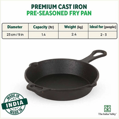 CASTrong Cast Iron Fry Pan/Skillet,Pre-seasoned, Nonstick, 100% Pure, Toxin-free, Induction, 23cm, 1.4L, 2.4kg