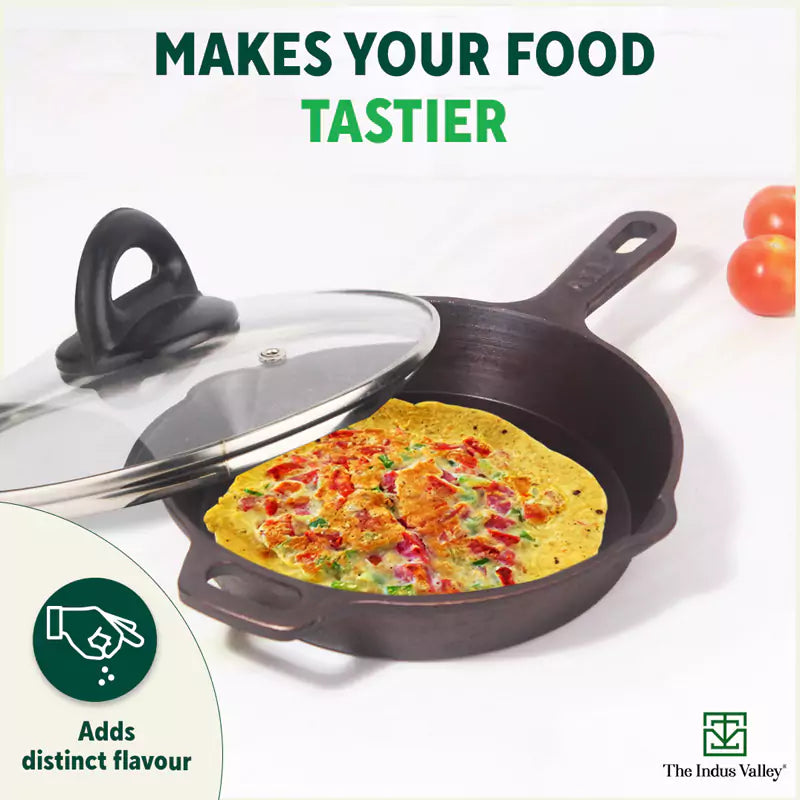 CASTrong Cast Iron Fry Pan/Skillet, Glass Lid, Pre-seasoned, Natural Nonstick, 100% Pure, Induction, 20.3cm, 1.3L, 2.3kg