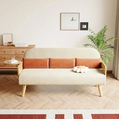 Mid-Century Beige Modern Rattan Daybed Full Folding Sofa Cum Bed, 3-Seater Convertible Sleeper Lounge Chair with Wooden Side Tray