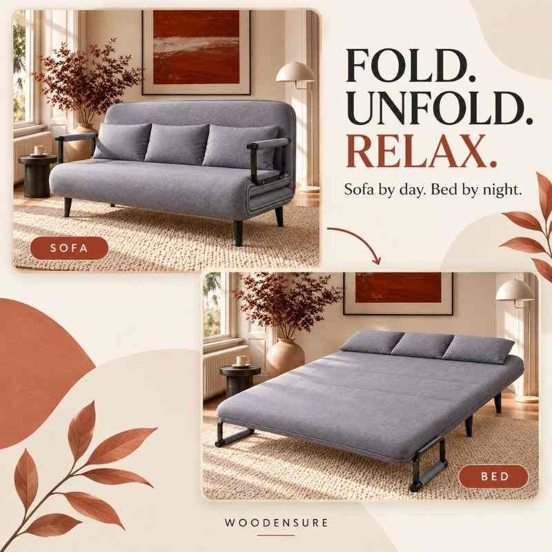 3 Seater Folding Sofa Come Bed, Full Convertible Sofa Bed for Living Room & Guest Room, Triple Seat Sleeper Sofa, Space Saving Recliner Bed