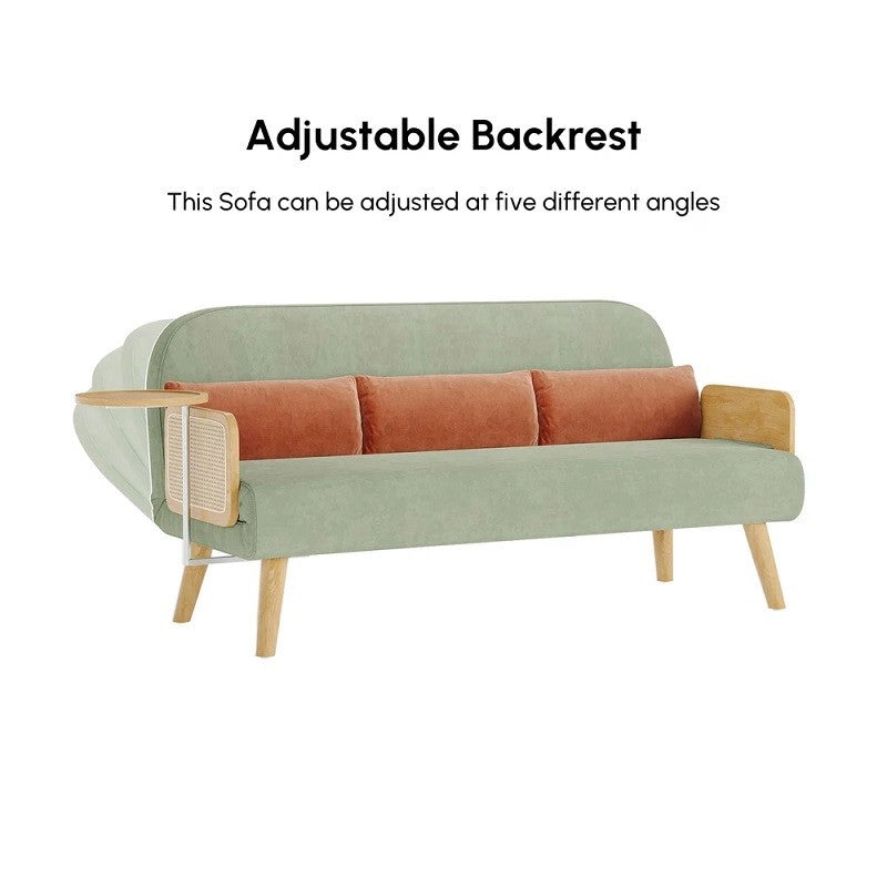 Mid-Century Green Modern Rattan Daybed Full Sofa Cum Bed, 3-Seater Folding & Adjustable Sleeper Longue Chair with Side Tray