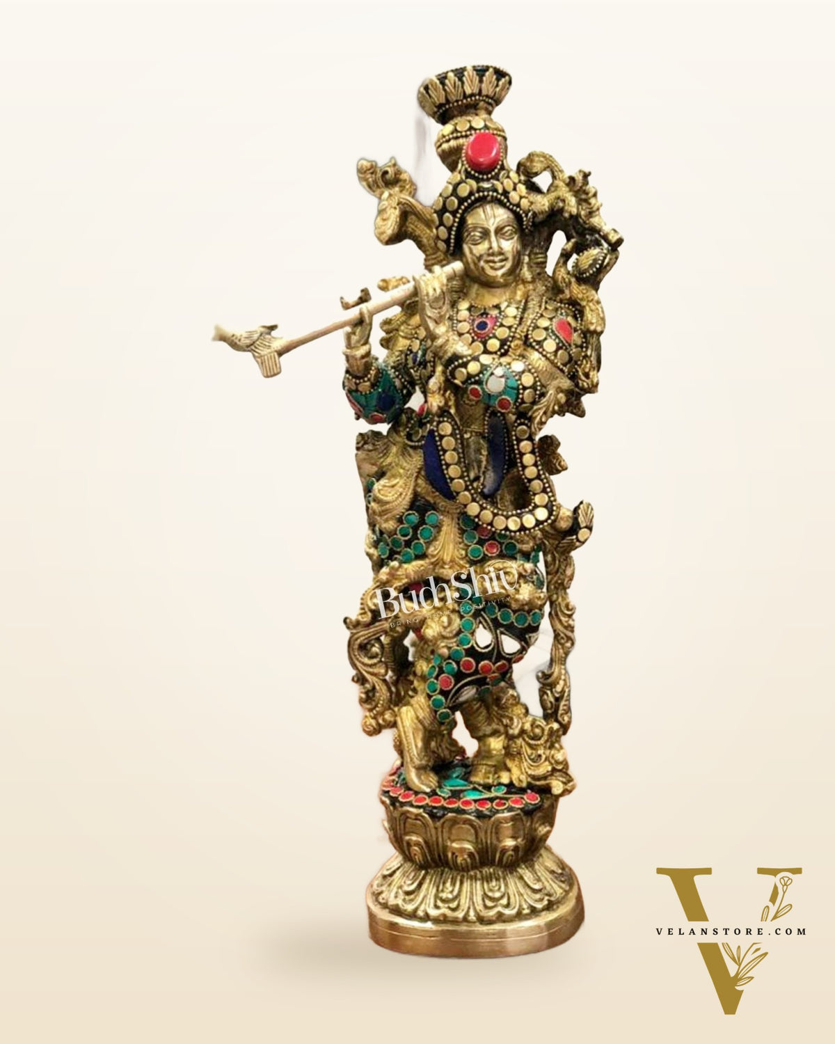 Fully Decorated Brass Krishna Statue | Meenakari Stonework with Natural Stones | 14" Height