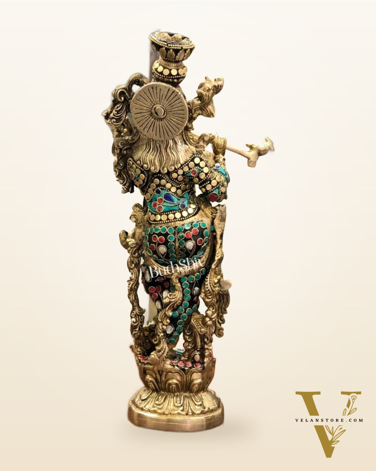 Fully Decorated Brass Krishna Statue | Meenakari Stonework with Natural Stones | 14" Height