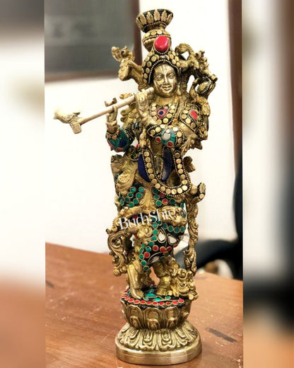 Fully Decorated Brass Krishna Statue | Meenakari Stonework with Natural Stones | 14" Height