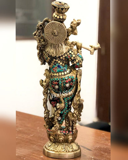 Fully Decorated Brass Krishna Statue | Meenakari Stonework with Natural Stones | 14" Height