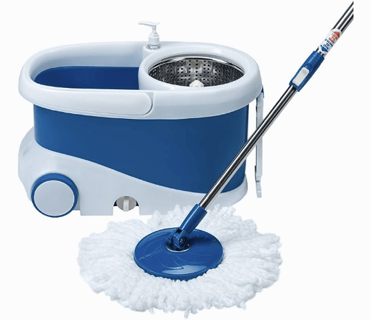 Gala Jet Spin Mop, Steel Winger & Big Wheels, 2 Microfiber Refills, Floor Cleaning Mop stick with Bucket, pocha for floor cleaning, Mopping Set (white and blue)