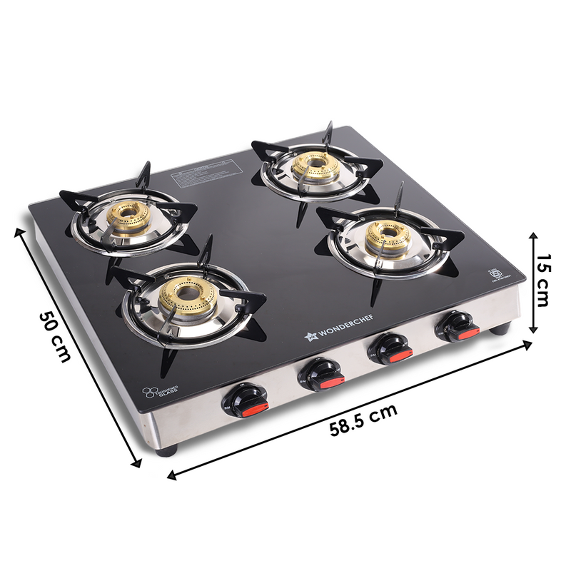 Wonderchef Galaxy 4 Burner Gas Stove | 2 Medium, 2 Small Wide Spaced Burners | Highly Efficient Tri-pin Brass Burners | 