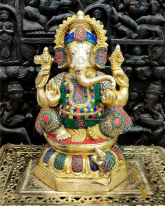 Ganapathi Brass Statue with stonework 15"