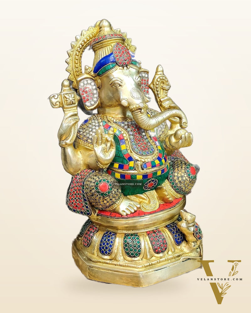 Ganapathi Brass Statue with stonework 15"