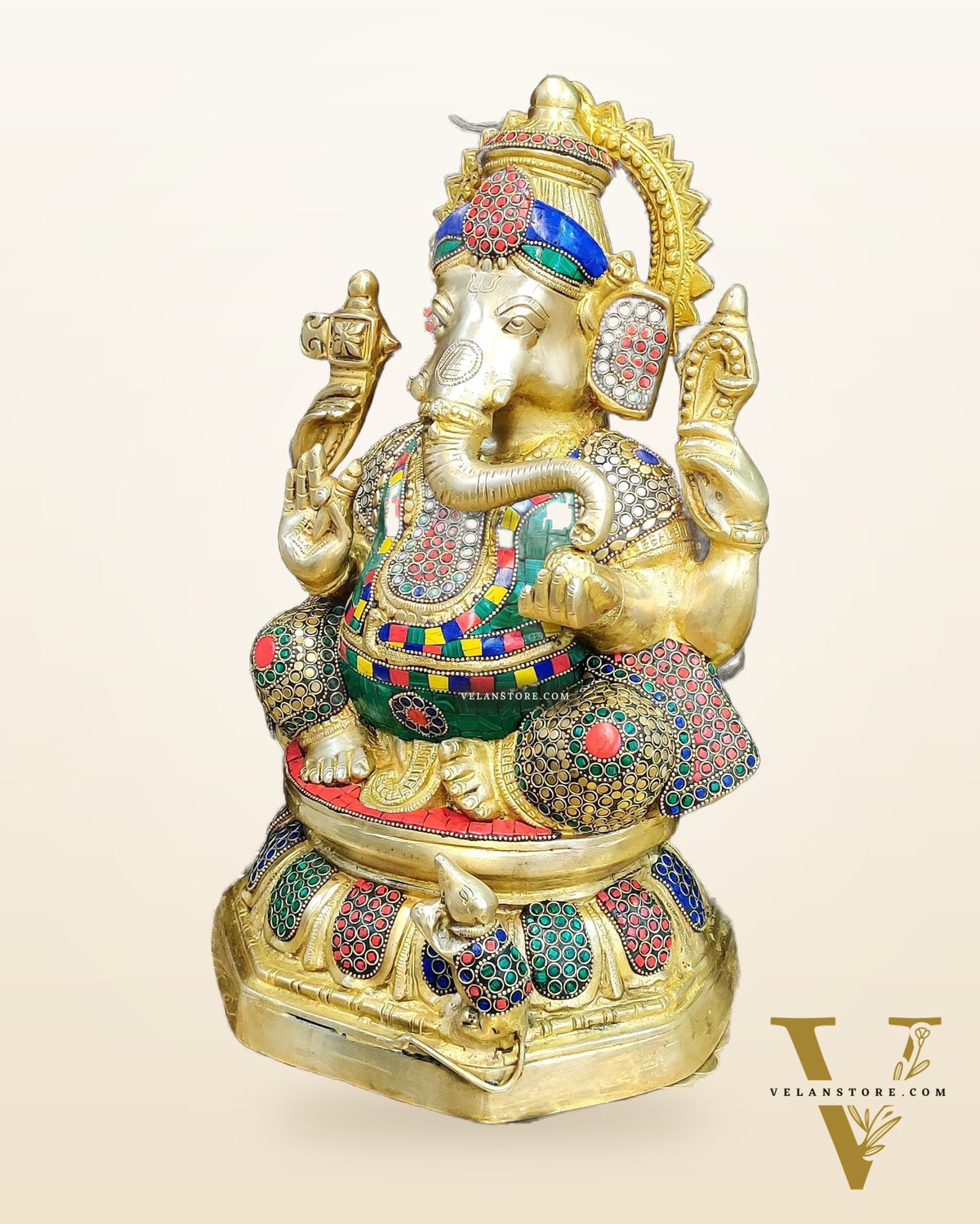 Ganapathi Brass Statue with stonework 15"