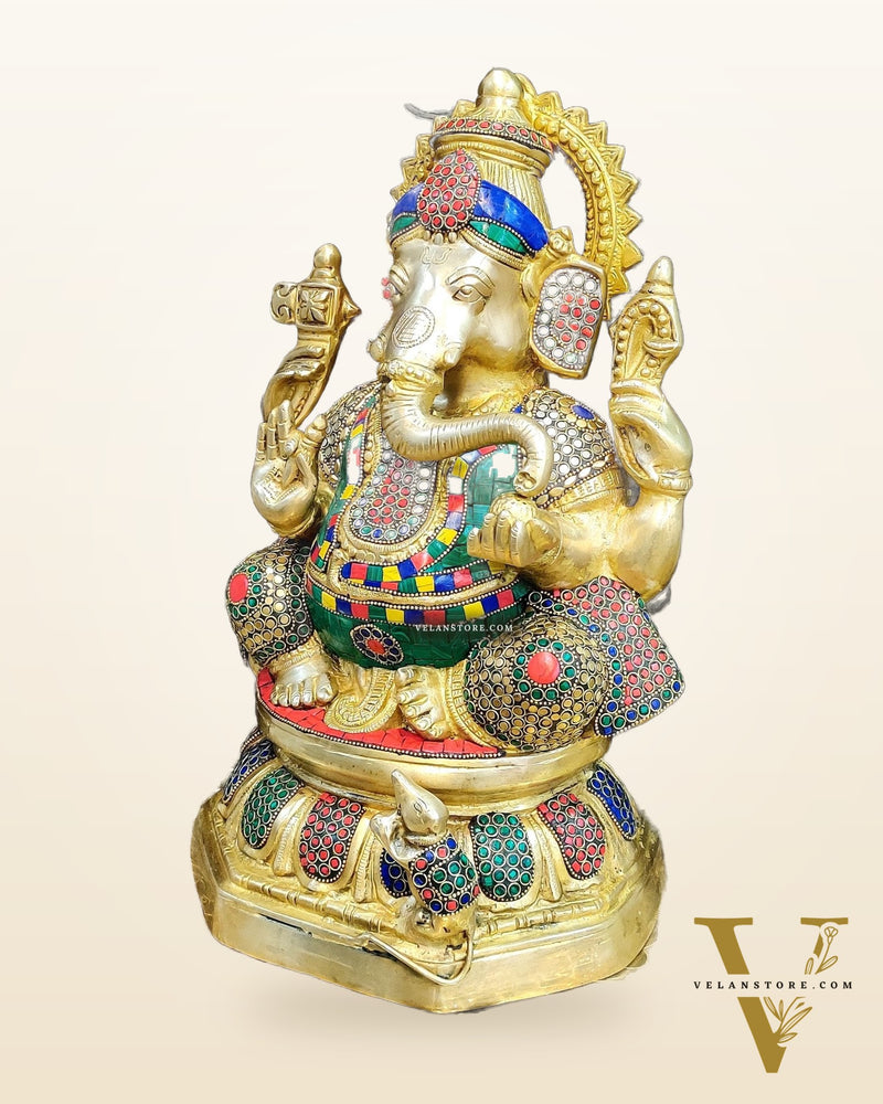 Ganapathi Brass Statue with stonework 15"