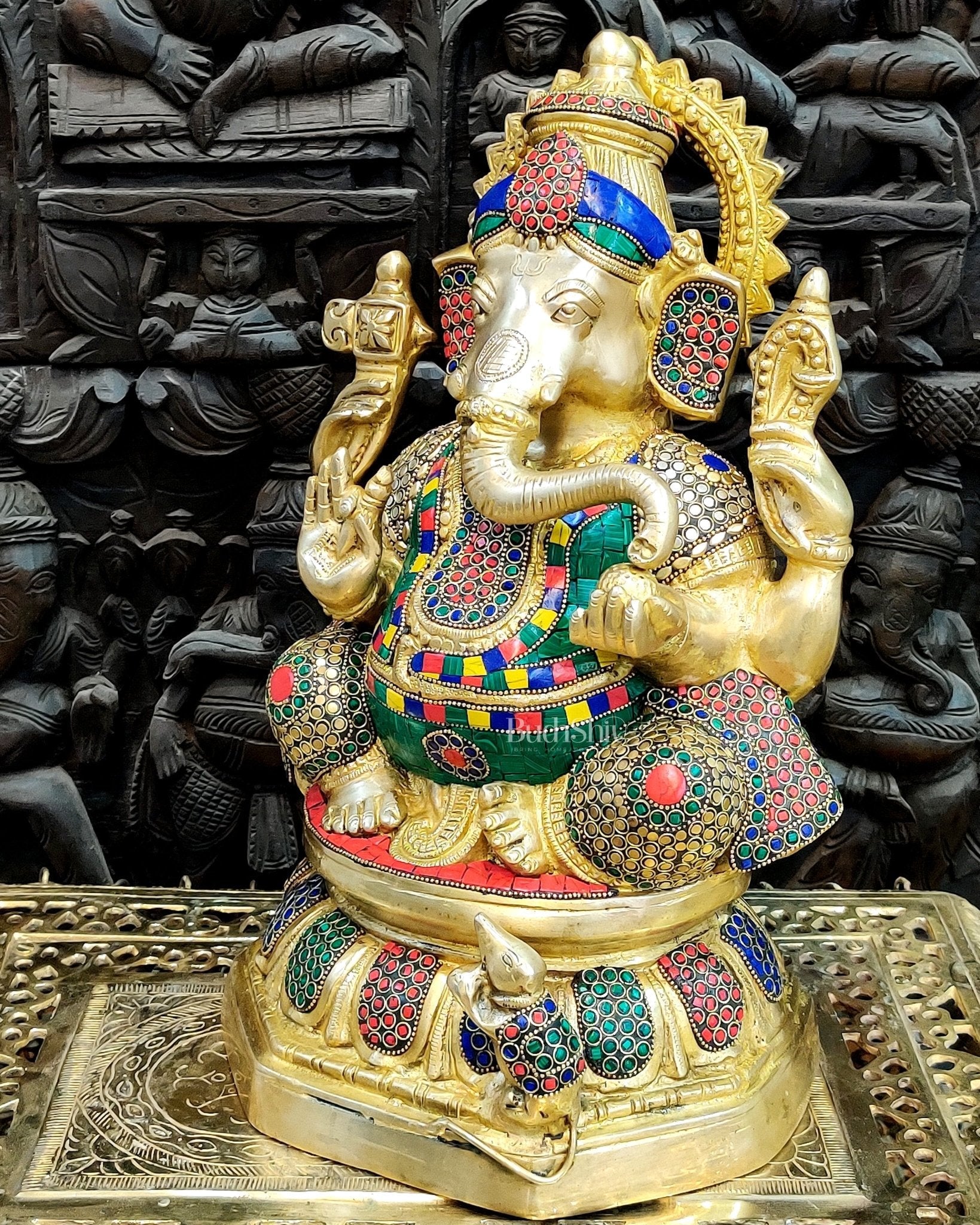 Ganapathi Brass Statue with stonework 15"