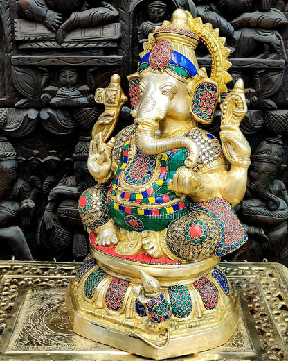 Ganapathi Brass Statue with stonework 15"