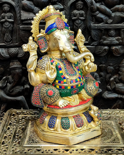 Ganapathi Brass Statue with stonework 15"