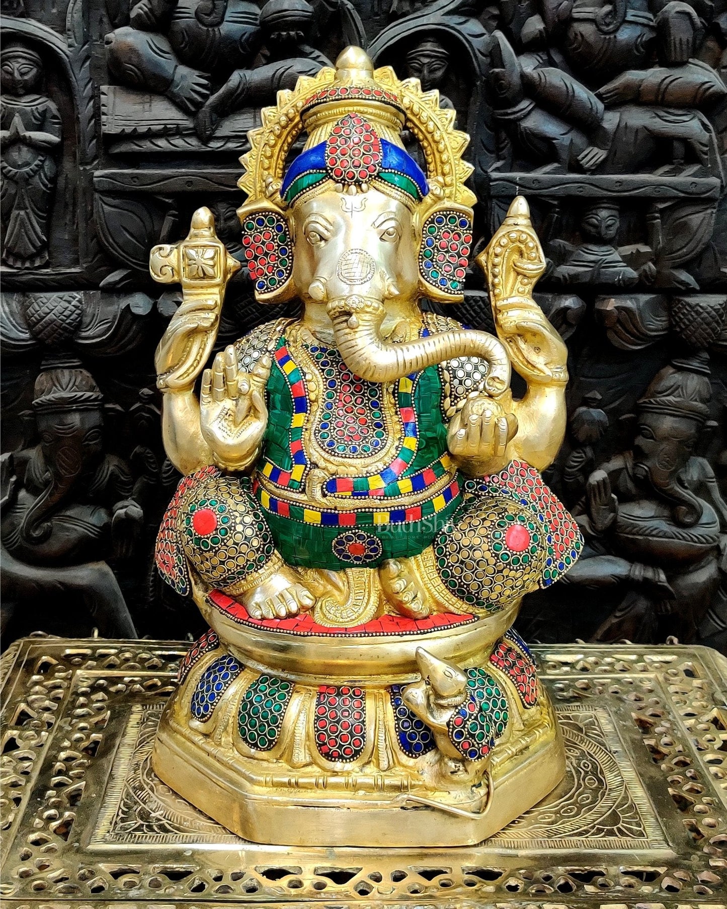 Ganapathi Brass Statue with stonework 15"